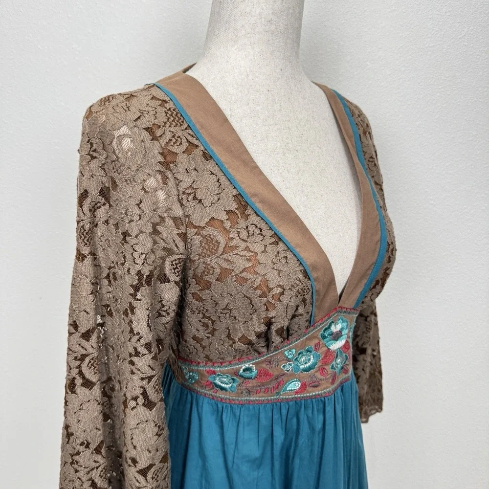 Vtg 90s Flying Tomato‎ Dress Womens Small Blue Empire Waist Crochet Boho Indie - Picture 8 of 16